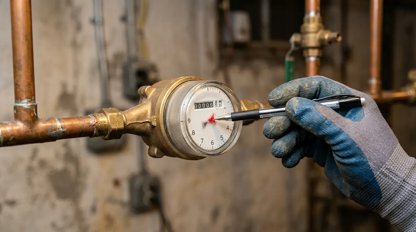 Low-flow leak indicator on a residential water meter dial