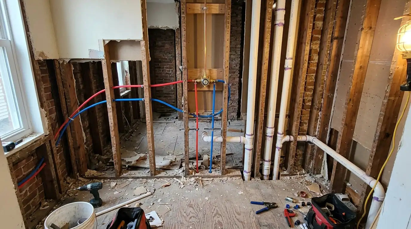 Bathroom remodel plumbing rough-in in a Philadelphia rowhome