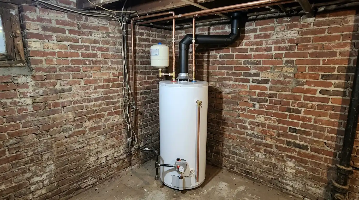 Newly installed gas water heater in a Philadelphia basement